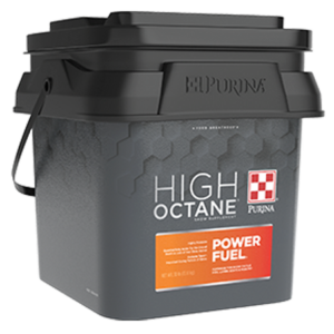 Purina High Octane Power Fuel Topdress show supplement. Black, plastic tub with orange label.