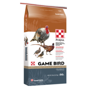 Purina Game Bird Flight Conditioner. Tan and blue 50-lb poultry feed bag.