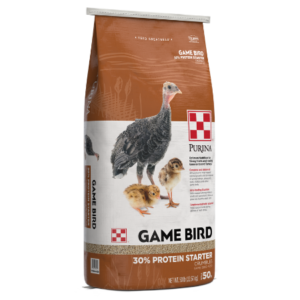 Purina Game Bird 30% Starter 50-lb. Brown and white poultry feed bag.