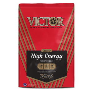 Victor Classic High Energy Dry Dog Food. Red dog food bag.