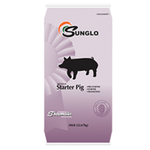 Sunglo Pig Starter. Purple feed bag. Swine.