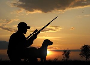 silhouette of hunter and dog