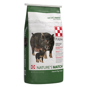 Nature's Match Sow & Pig Complete. Green and white 50-lb feed bag. 