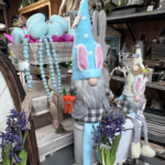 Spring Decor pastel blue eggs, gnome and purple hyacinths
