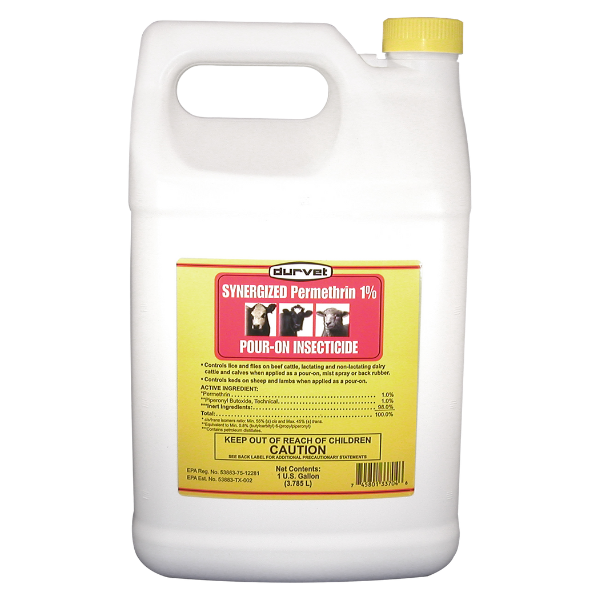 Durvet Synergized Permethrin 1%. For use on lactating and nonlactating dairy cattle, beef cattle and calves to control lice, horn flies, and face flies..